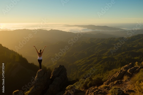 Woman with arms raised stands on mountaintop at sunrise © Nadya