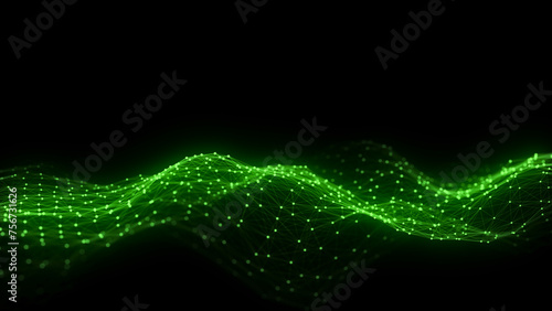 Green wave of particles and lines. Big data visualization. Abstract background with a dynamic wave. 3d rendering.