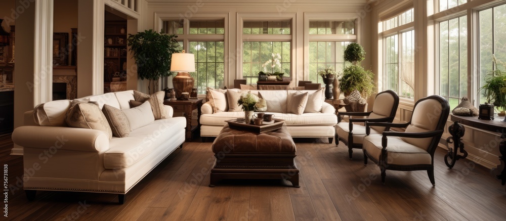 Traditional living room with brown and white color scheme and wooden flooring.