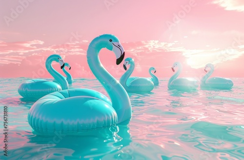 inflatable green flamingos floating in the pink sea on a beautiful summer sunset. Happy vibes © Miss V