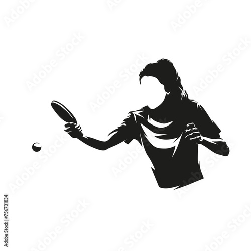 Table tennis, woman playing ping pong, isolated vector silhouette
