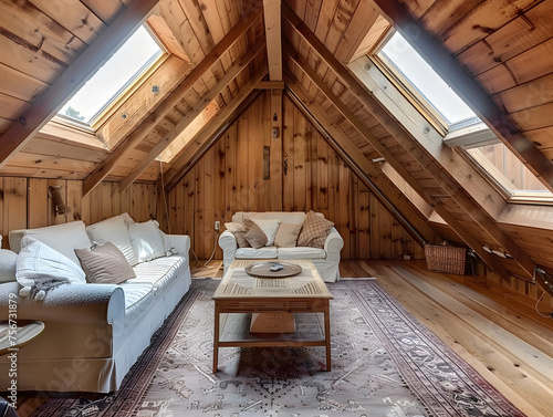 A Cozy Attic Retreat with Sloped Ceilings and Skylight