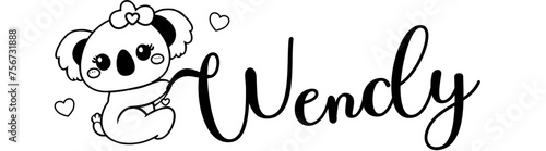 Wendy - black color - name written - Word with Koala kawaii for websites, baby shower, greetings, banners, cards,, t-shirt, sweatshirt, prints, cricut, silhouette, sublimation	