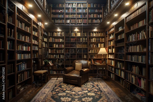 home library with floor-to-ceiling bookshelves, a comfortable reading chair, and soft lighting that accentuates the beauty of literature in 16k cinematic perfection.