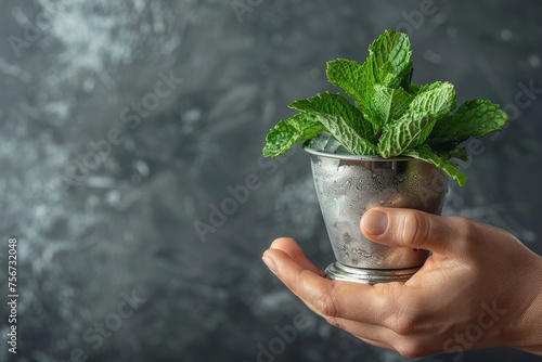 Close-up of a hand holding a mint julep in a traditional silver cup with fresh mint garnish