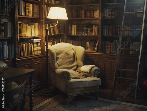A cozy reading corner with a plush armchair and floor lamp