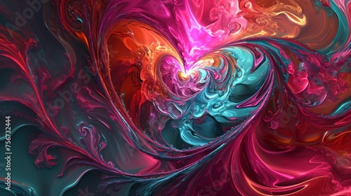 Colorful abstract swirl of pink, blue and red colors. It features intricate patterns and textures, swirling shapes and flowing lines.