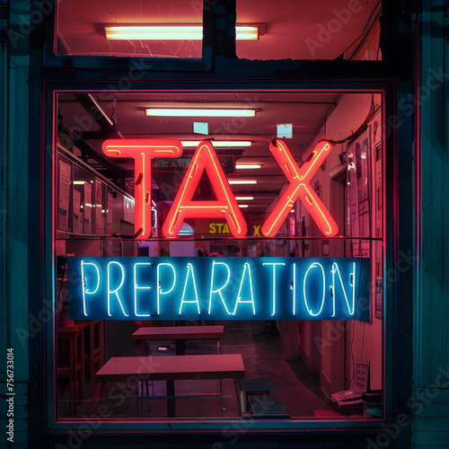 A neon Tax Preparation sign in a Tax office  photo