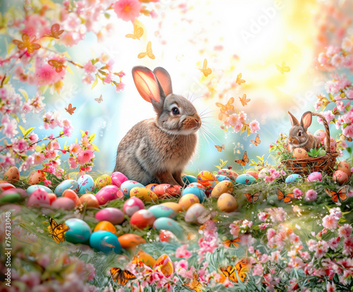 Easter Bunny Decorated Eggs Adorable Rabbit Spring Color Copy Space Sale