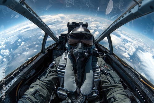 Focused pilot in the cockpit of an F-16 jet, ready for a mission in the skies © Georgii