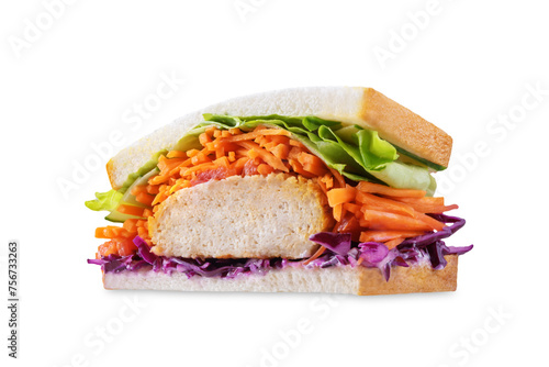 Japanese Wanpaku sandwich with pork, red cabbage and carrots on a white isolated background