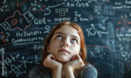 A thoughtful girl looking at math problems on a blackboard