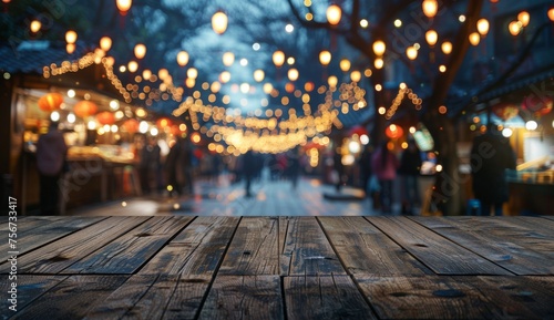 Background for product display or montage Empty wooden table top with a blurred background of a Japanese winter market Generative AI