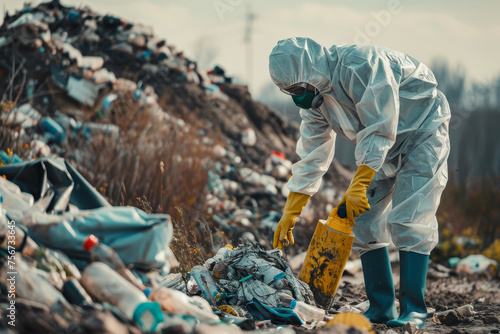 A man wearing a protective suit and a mask collecting garbage from a landfill