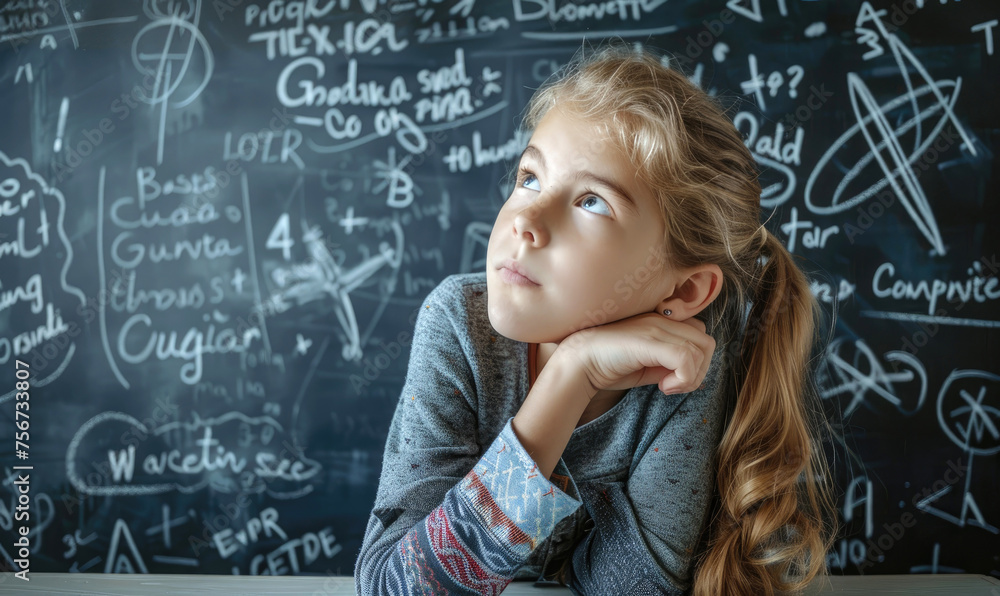 A thoughtful girl looking at math problems on a blackboard A thoughtful girl looking at math problems on a blackboard