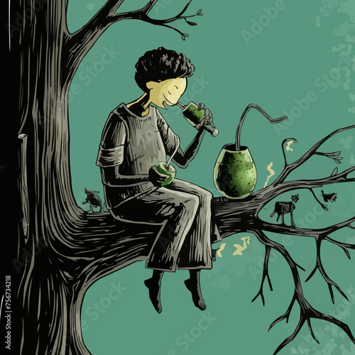 text mate all day in one line cup of yerba mate, illustration.eps