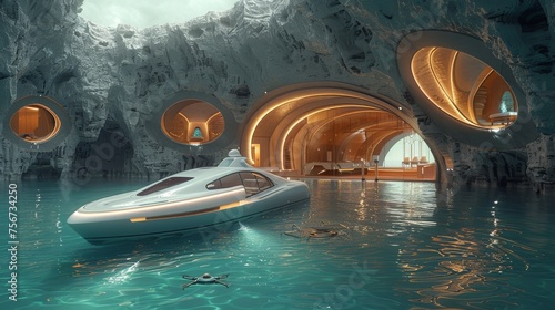 Futuristic water sports center, featuring jet-powered surfboards and underwater drones. © KN Studio