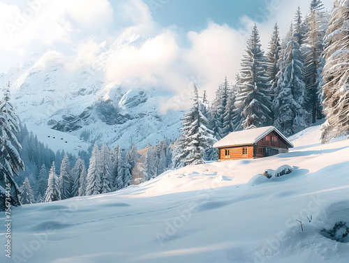 A Serene Snow-Covered Landscape with a Cozy Cabin
