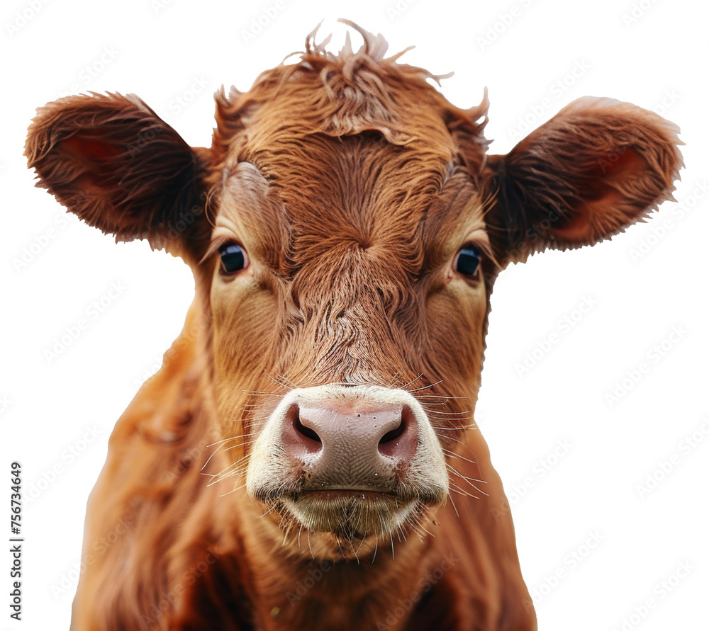 Friendly brown cow with soft eyes, cut out - stock png. Friendly brown cow with soft eyes, cut out - stock png.