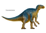 Iguanodon illustration. herbivorous dinosaur. Blue, yellow dino art