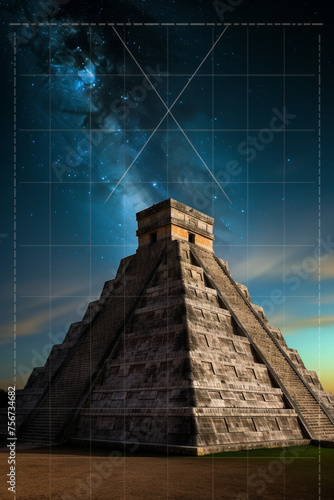 Create a composite image of a Mayan pyramid with the starry night sky as the backdrop. 