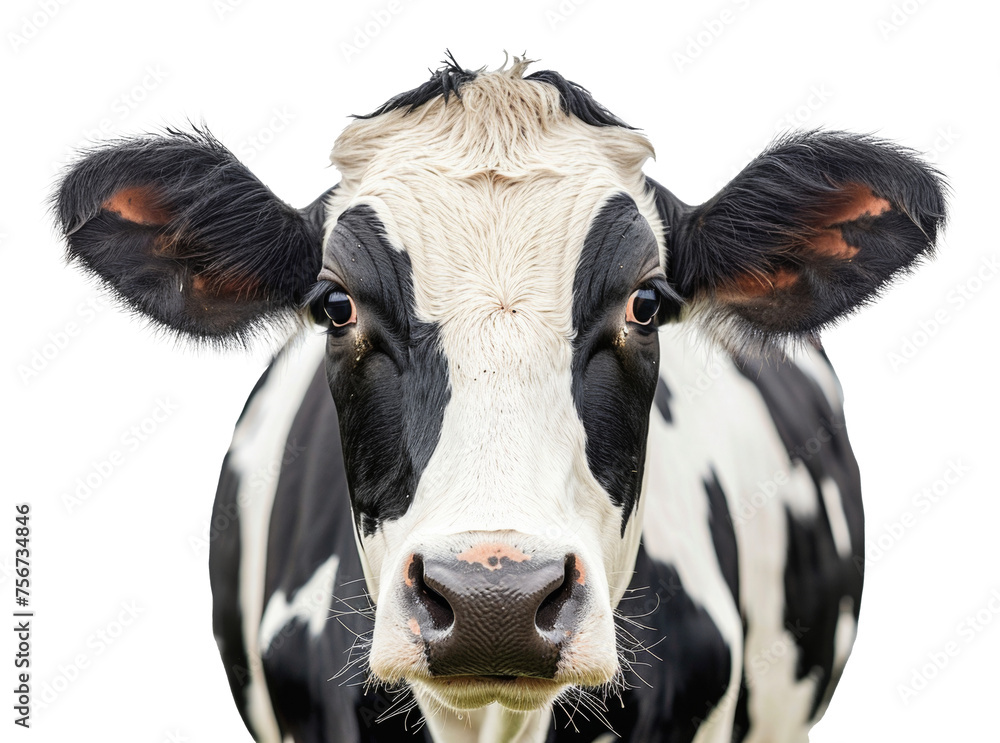 Black and white cow with attentive gaze, cut out - stock png.
