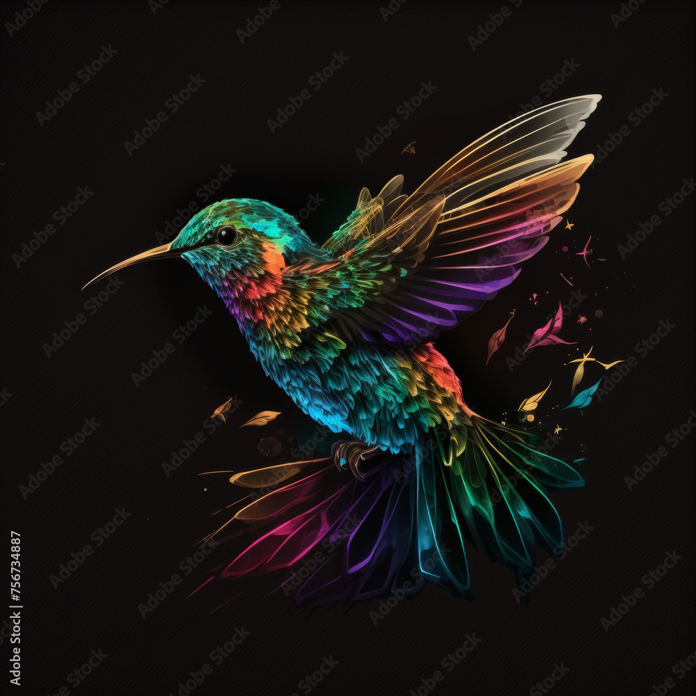 Obraz premium logo of colorful humming bird on a black background --stylize 