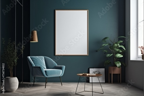 living room with a blank empty painting frame on a wall with a 2 inch frame, colors: blue, white, focus on the picture, 24mm lens, realistic, design, commercial, plants, furniture, centered painting