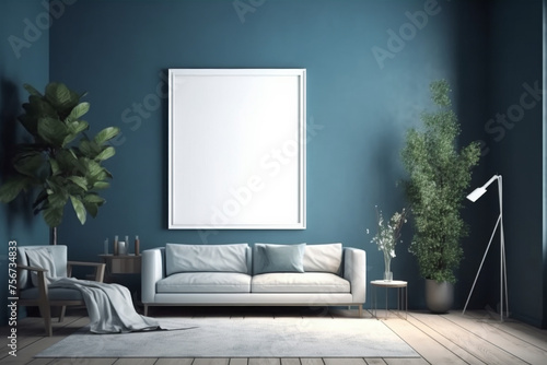 living room with a blank empty painting frame on a wall , colors: blue, white, focus on the picture, 24mm lens, realistic, design, commercial, plants, furniture, centered painting
