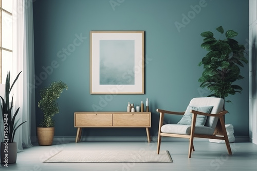 living room with a blank empty painting frame on a wall with a 2 inch frame, colors: blue, white, focus on the picture, 24mm lens, realistic, design, commercial, plants, furniture, centered painting
