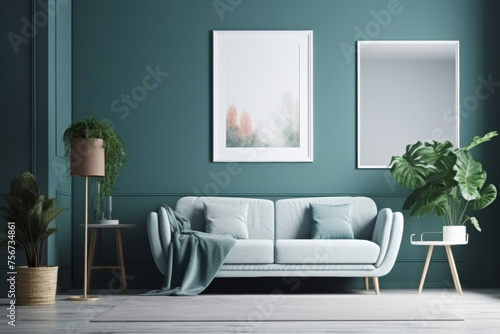 living room with a blank empty painting frame on a wall with a 2 inch frame  colors  blue  white  focus on the picture  24mm lens  realistic  design  commercial  plants  furniture  centered painting 