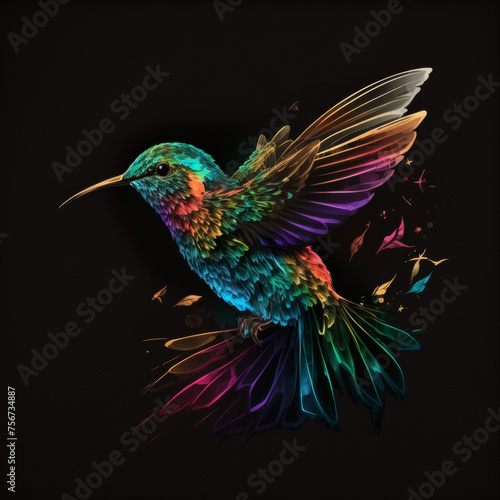 logo of colorful humming bird on a black background --stylize 