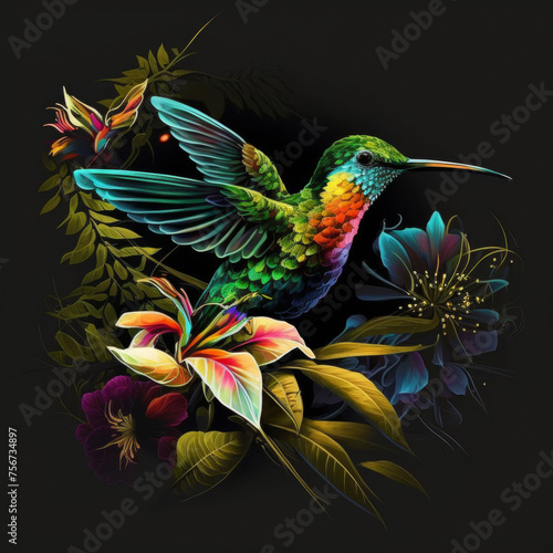 logo of colorful humming bird on a black background 