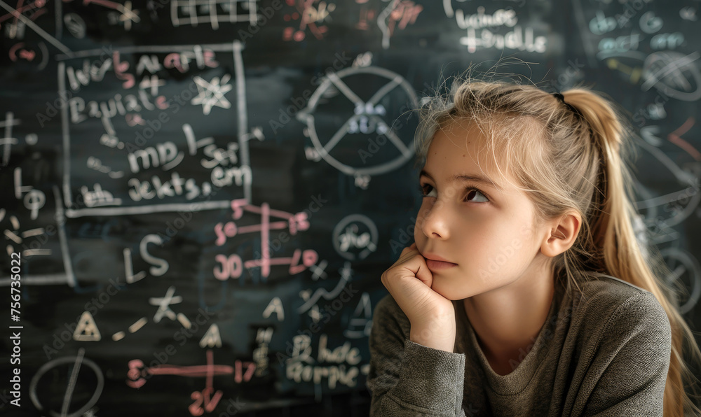 A thoughtful girl looking at math problems on a blackboard A thoughtful girl looking at math problems on a blackboard