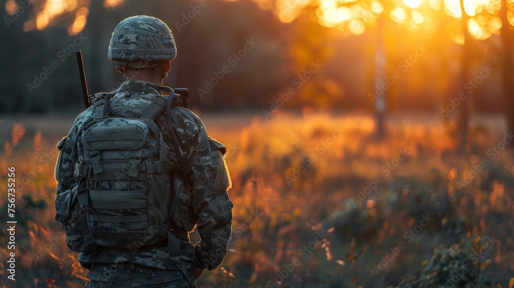 Back view of a military medic standing in the forest at sunset Back view of a military medic standing in the forest at sunset