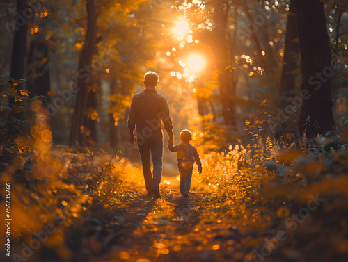 Father and child walking on forest path at sunset. Backlit natural setting with a warm tone. Family time and parenting concept. Design for poster, banner, and postcard. Back view with copy space