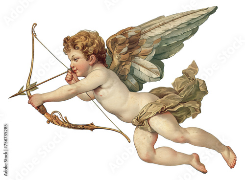 Vintage illustration of a cupid with bow and arrow in flight, cut out - stock png.