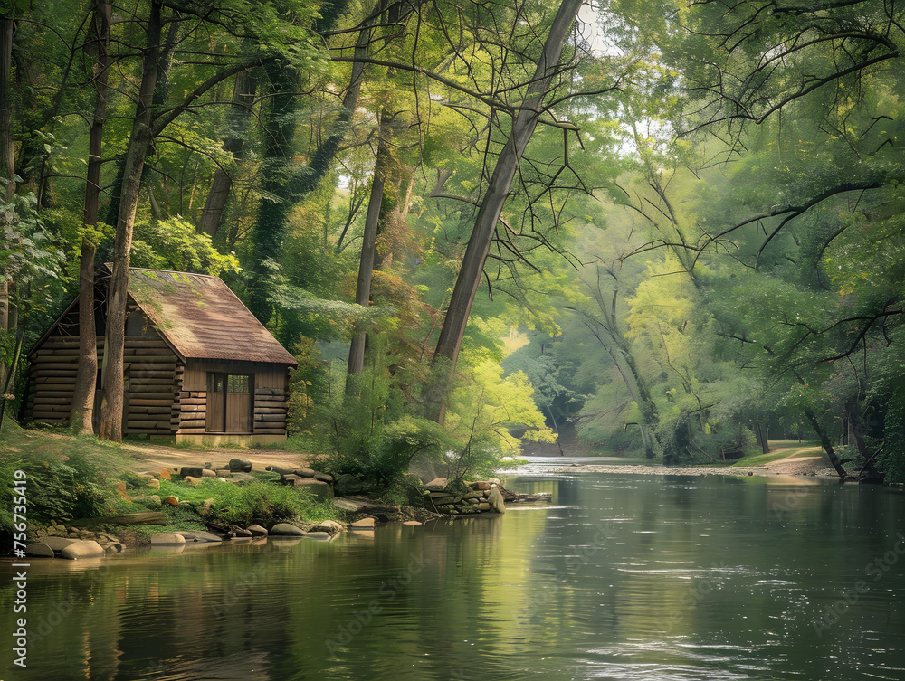 A Tranquil Riverside Scene with a Rustic Wooden Cabin A Tranquil Riverside Scene with a Rustic Wooden Cabin