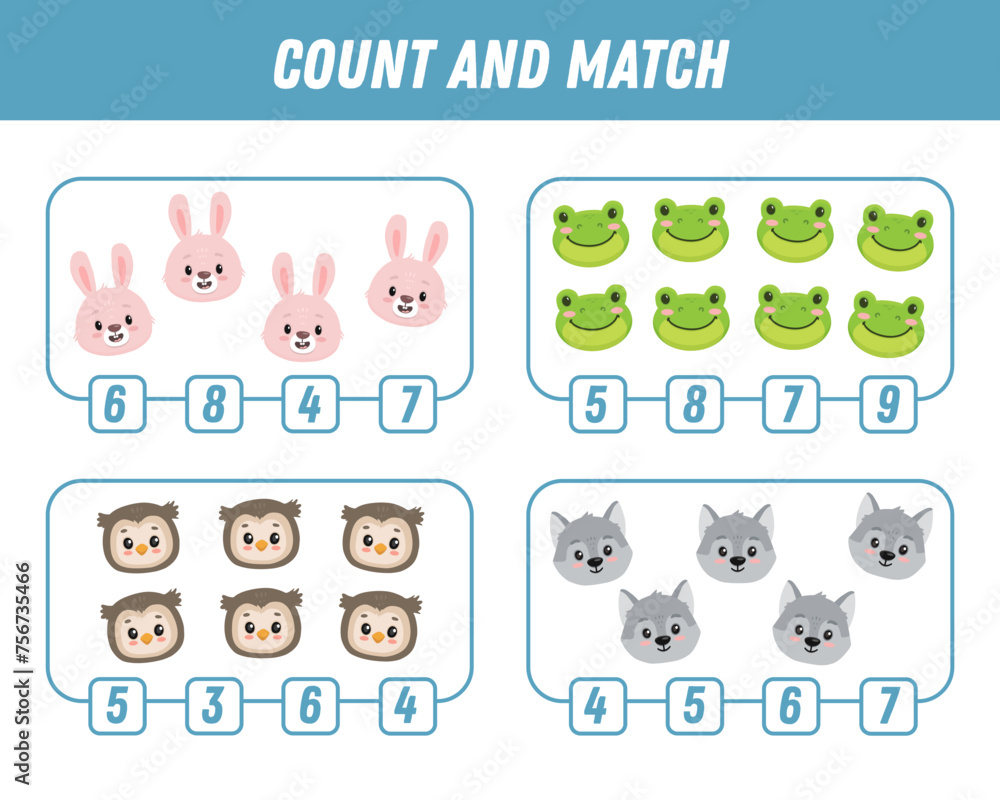 Education game for children count and match of cute cartoon owls, wolf, frog, bunny. Funny forest animals,  printable worksheet. Vector