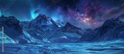 A snow-covered mountain stands against a sky filled with countless stars, creating a stunning contrast between the white landscape and the dark night sky.