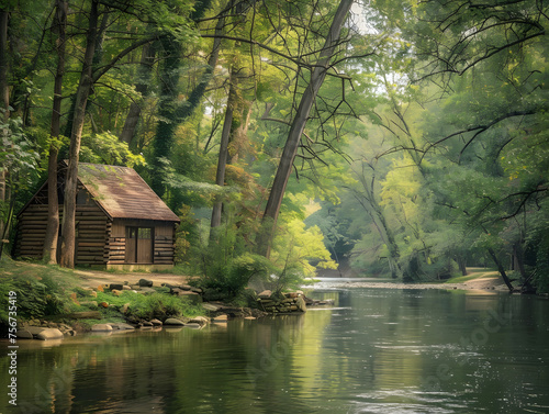 A Tranquil Riverside Scene with a Rustic Wooden Cabin