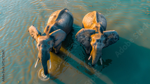 Two elephants in water with their backs and trunks visible above the surface