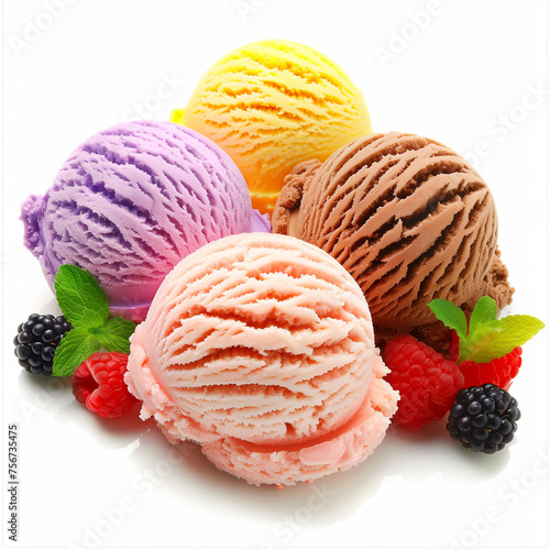 Ice cream scoops of different colors with decorative strawberries