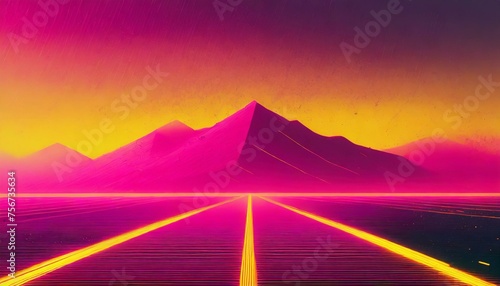 Synthwave retro cyberpunk style landscape background banner or wallpaper. Bright neon pink and yellow colors