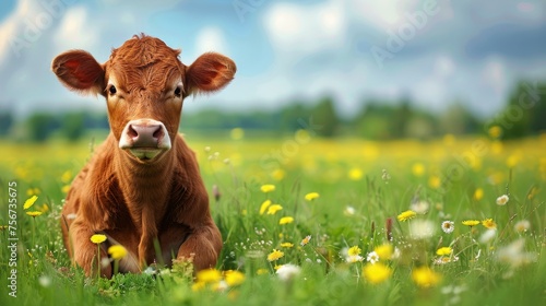 Brown Cow Sitting on Lush Green Field