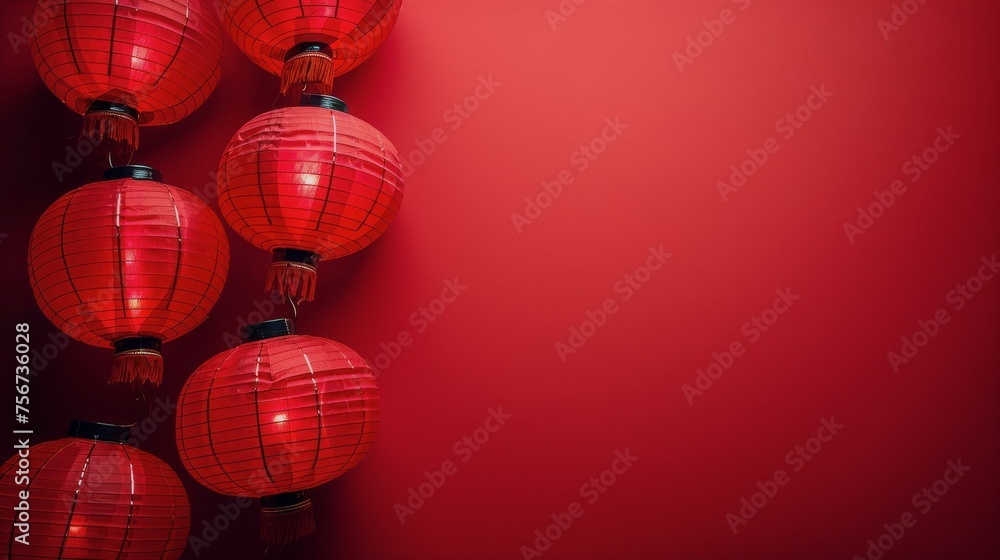 Red Background With Red Lanterns and Pink Flowers