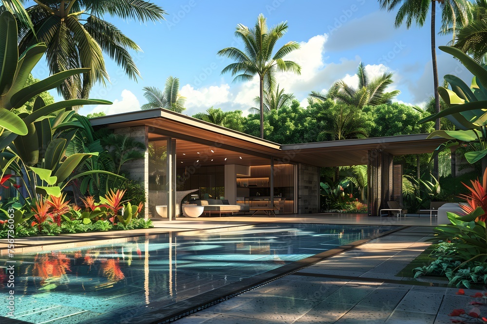 tropical retreat with a modern twist, featuring sleek lines, vibrant hues, and lush landscaping, capturing the essence of paradise living in 16k high resolution.
