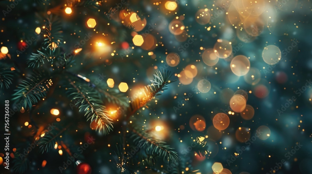 A close-up view of a Christmas tree with twinkling lights. Suitable for holiday concepts A close-up view of a Christmas tree with twinkling lights. Suitable for holiday concepts