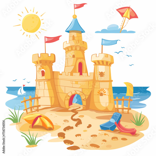 sand castle summer , kids beach vacation vector graphic, white background