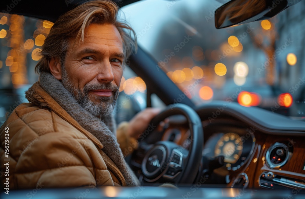 A man is seated in the drivers seat of a vehicle A man is seated in the drivers seat of a vehicle